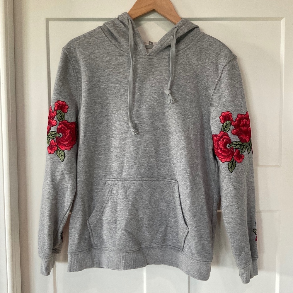 Gray Hoodie with Red Floral Embroidery